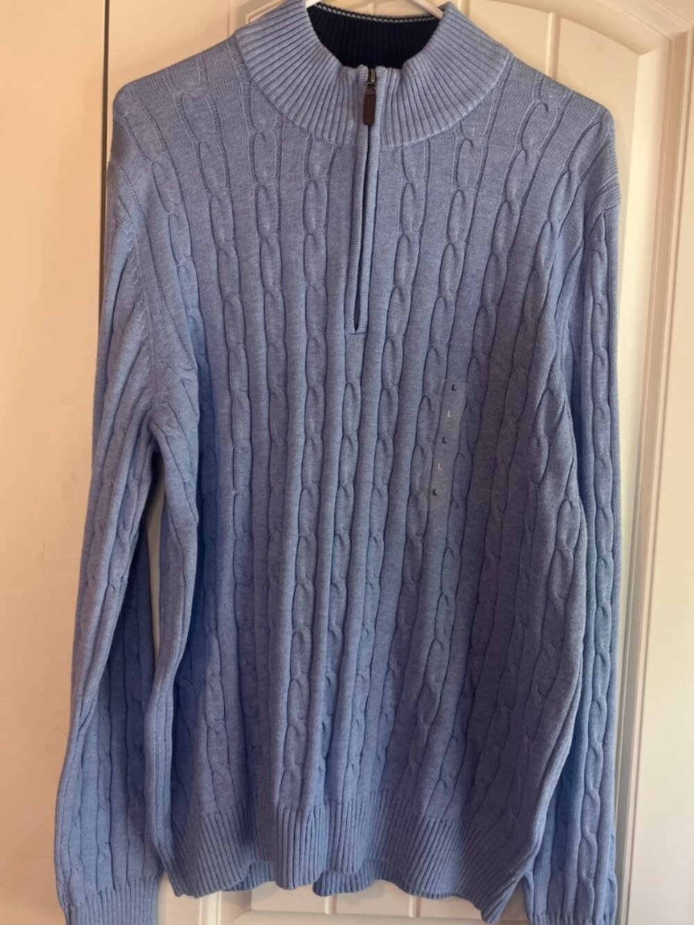 Club Room Cable Knit Quarter Zip Sweater Men's Large Light Blue Pima Cotton NWT